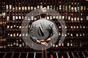 Bartender at wine cellar full of bottles with exquisite drinks