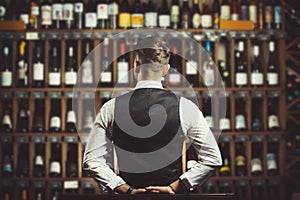 Bartender at wine cellar full of bottles with exquisite drinks