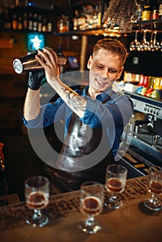 Bartender works with shaker at the bar counter