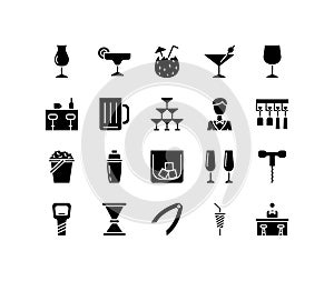 Bartenders Day flat line icons set. Barman, barkeeper, Bartender stuff and accessory. Simple flat vector illustration for web site