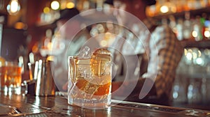 Bartenders dressed in suspenders and newsboy caps mix up oldfashioned mocktails behind the bar skillfully creating photo