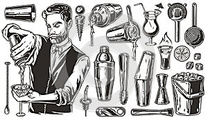 Bartending set with barmen, cocktail shaker and jigger for bar menu. Metal cocktail bar tools