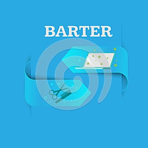 Barter. A natural exchange of food for furniture. One good turn deserves another. Computer repair for a haircut. Vector flat