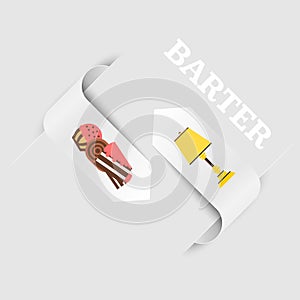 Barter. A natural exchange of food for furniture. One good turn deserves another. Computer repair for a haircut. Vector flat