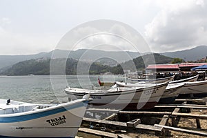 Bartin Amasra coast near fishing boats harbor trees, sea and sky