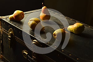 Bartlett pears on vintage trunk