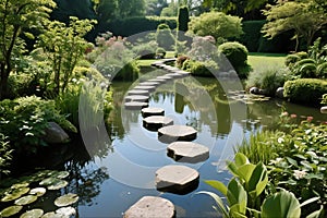 Stepping Stones Path Across Still Water Garden