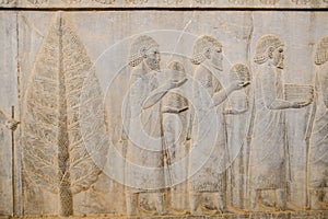 A bas-relief of ancient Greeks at Apadana, Persepolis. Shiraz, Iran.
