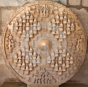Bas-relief in ancient Ranakpur Jain temple in Rajasthan state, India