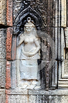 Bas relief at ancient temple near Siem Reap, Cambodia