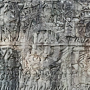 Bas-relief at Bayon temple in Angkor Thom. Siem Reap. Cambodia