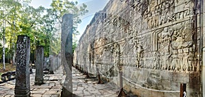 Bas-relief at Bayon temple in Angkor Thom. Siem Reap. Cambodia. Panorama