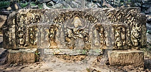 Bas-relief at Beng Mealea temple. Siem Reap. Cambodia. Panorama