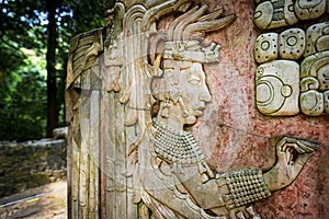 Bas-relief carving in the ancient Mayan city of Palenque, Chiapas, Mexico photo