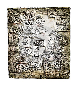Bas-relief carving with of a Quetzalcoatl, pre-Columbian Maya civilisation. Sketch with colourful water colour effects