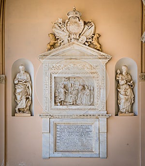 Bas relief with the coronation of Vittorio Amedeo II di Savoia in the portico of Palermo Cathedral. Sicily, Italy