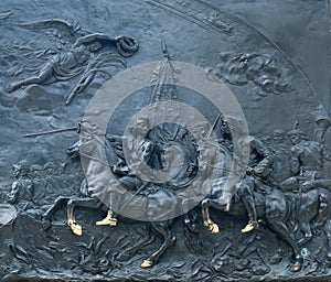 Bas-relief depicting the Battle of Poltava in 1709 on pedestal of monument to Peter the Great in front of Saint Michael`s Castle,