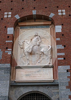 Bas-relief depicting the King Umberto I of Italy on the Filarete Tower of the Castello Sforzesco in Milan, Italy