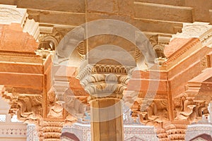 Bas-relief with Elephants at column in famous Amber fort near Jaipur, Rajasthan, India