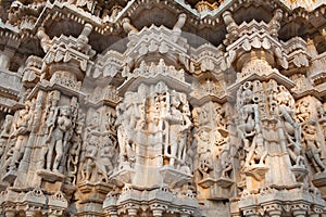 Bas-relief in famous ancient Ranakpur Jain temple in Rajasthan, India