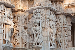 Bas-relief in famous ancient Ranakpur Jain temple in Rajasthan, India