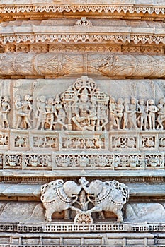 Bas-relief at famous ancient Ranakpur Jain temple in Rajasthan, India