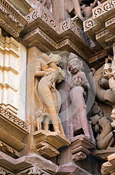 Bas-relief at famous ancient temple in Khajuraho, India