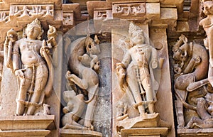 Bas-relief at famous ancient temple in Khajuraho, India