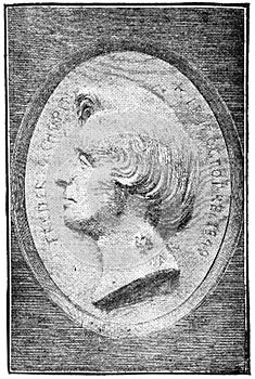 Bas-relief in the form of a medallion on the grave of Frederic Chopin in the Pere Lachaise Cemetery, Paris.