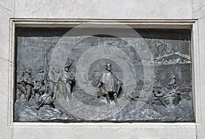 Bas relief on Guiseppe Garibaldi monument column in Lucca, Italy