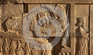 Bas Relief of Lion and Bull Fighting Beside an Achaemenid Soldier in Persepolis