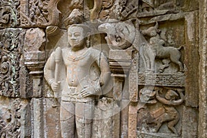 Bas-relief mural in Banteay Kdei, Citadel of Monks` cells, a temple in Angkor Wat complex, Siem Reap, Cambodia