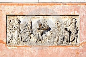 Bas-relief on old church in St.Petersburg, Russia.