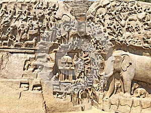 Bas relief rock cut sculptures of Gods, people and animals carved in monolithic rock 