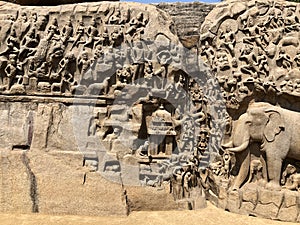 Bas relief rock cut sculptures of Gods, people and animals carved in monolithic rock 