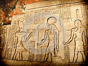 Bas-relief of Sobek temple at Kom-Ombo and small Magellanic Cloud (Elements of this image furnished by NASA)