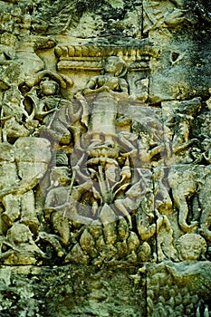 Bas-relief stone carving, Angkor Wat, Siem Reap, Cambodia