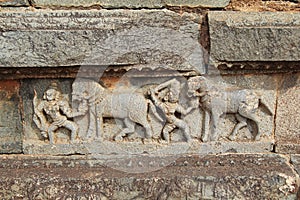 Bas-reliefs in Mahanavami Dibba - The Great Platform UNESCO World heritage site in Hampi, Karnataka, India.