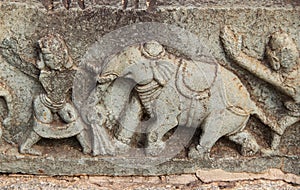 Bas-reliefs in Mahanavami Dibba - The Great Platform UNESCO World heritage site in Hampi. Karnataka, India.