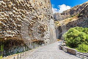 Basalt columns Symphony of Stones near the shore of the river Azat near the village Garni, Armenia.Tourism landmark in Armenia