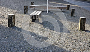 Basalt hexagonal natural column created by the gradual solidification of lava, is used in the city as a safety dividing bollard on photo