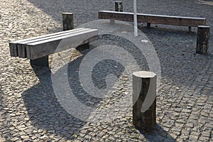 Basalt hexagonal natural column created by the gradual solidification of lava, is used in the city as a safety dividing bollard on photo