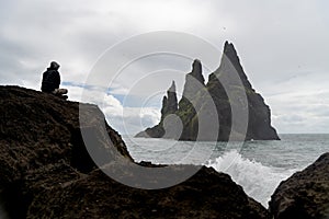 Basalt rock formations Troll toes on black beach. Reynisdrangar, Vik, Icelan