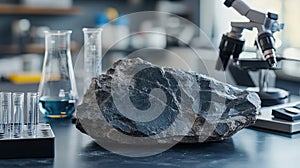 Basalt Rock Sample on Laboratory Table Next to Scientific Equipment