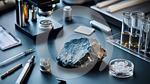 Basalt Rock Sample on Laboratory Table with Scientific Equipment