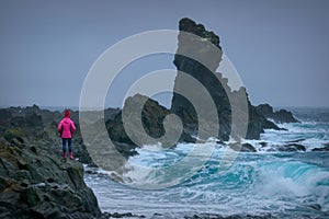 Basalt rocks on Djupalonssandur black beach in Snaefellsnes peninsula Iceland