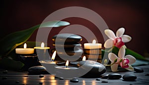 Basalt Stones Surrounded by Candles and Oriental Plants as a Spa Symbol - Generative AI