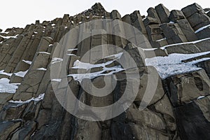 Basaltic or HÃ¡lsanef snow columns from below Reynisfjara Black Beach or VÃ­k Black Beach with clear sky about to snow