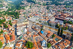 Bascarsija old bazaar streets with Gazi Husrev-beg Mosque and Miljacka river aerial view, Sarajevo,  Bosnia and Herzegovina