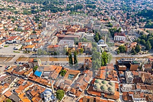 Bascarsija old bazaar streets with Miljacka river aerial view, Sarajevo,  Bosnia and Herzegovina